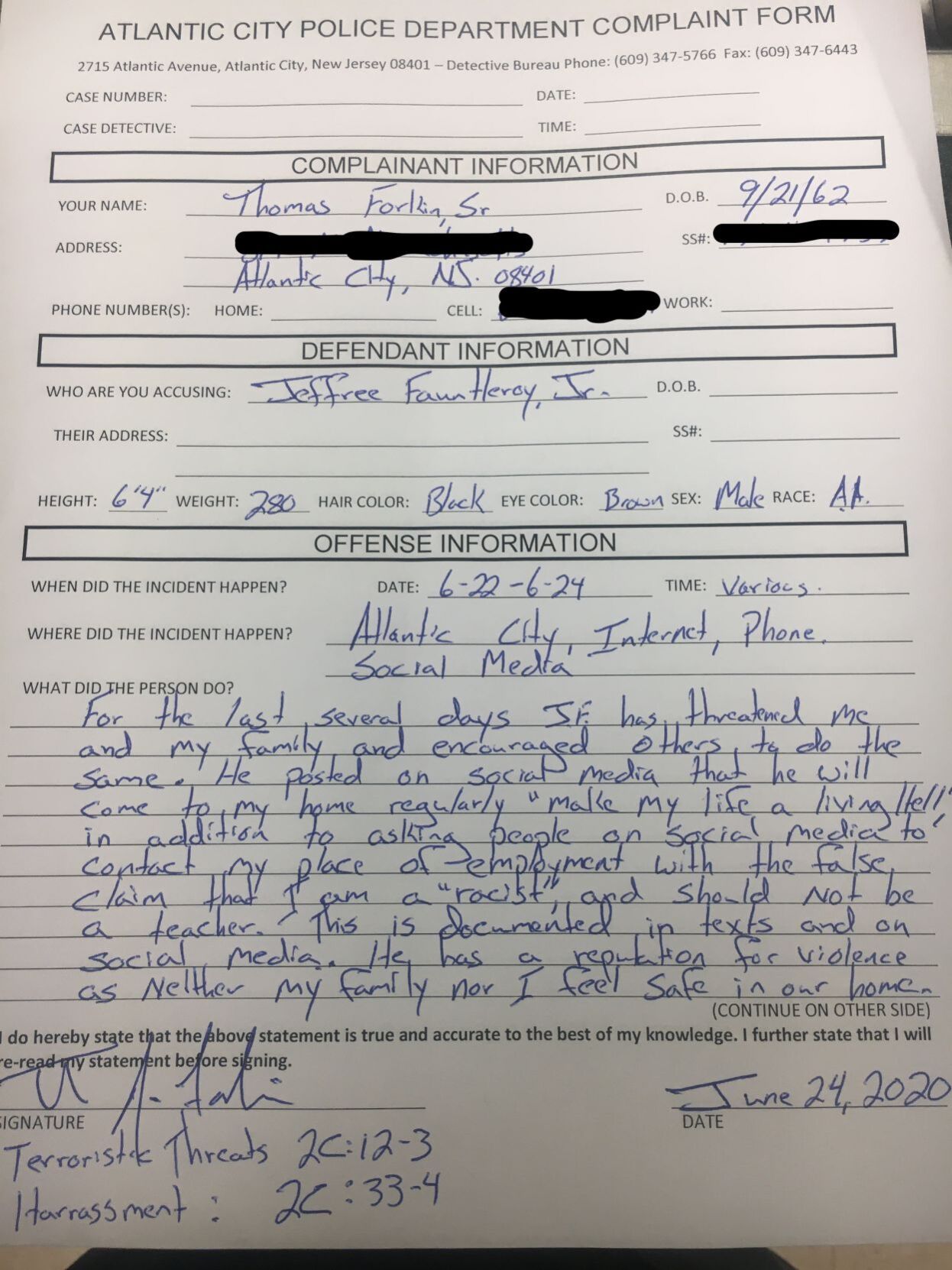 Forkin complaint against Fauntleroy